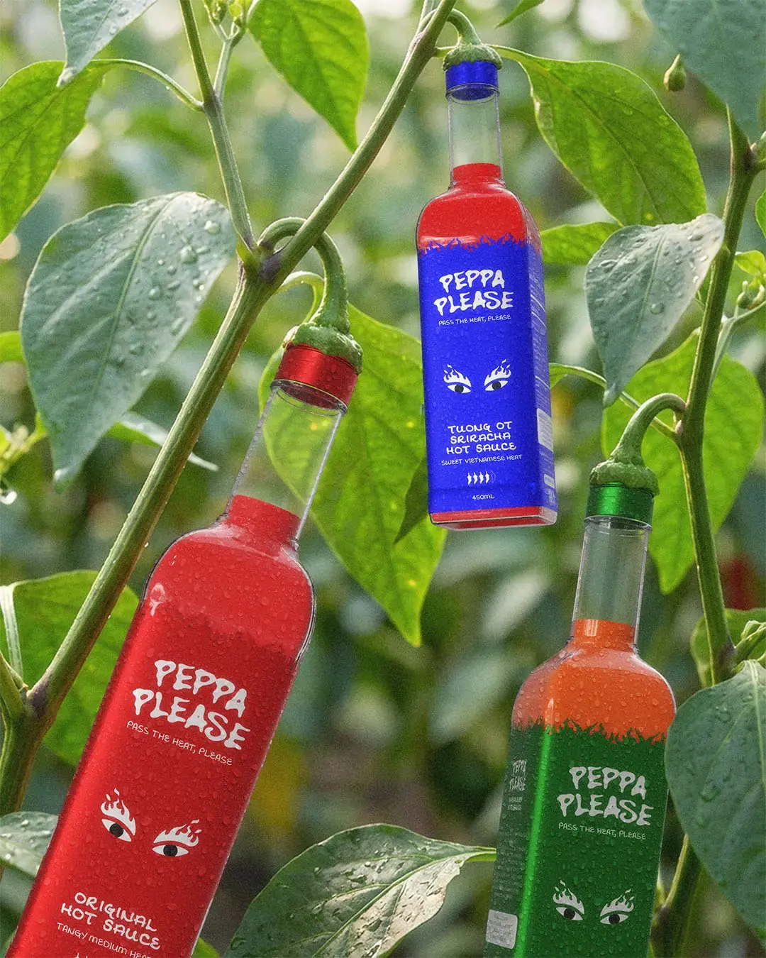 Peppa Please Bottles hanging From Vines
